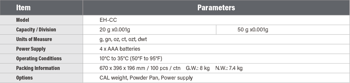 EH-CC Carat Scale with Stainless Steel Weighing Plate-specifications