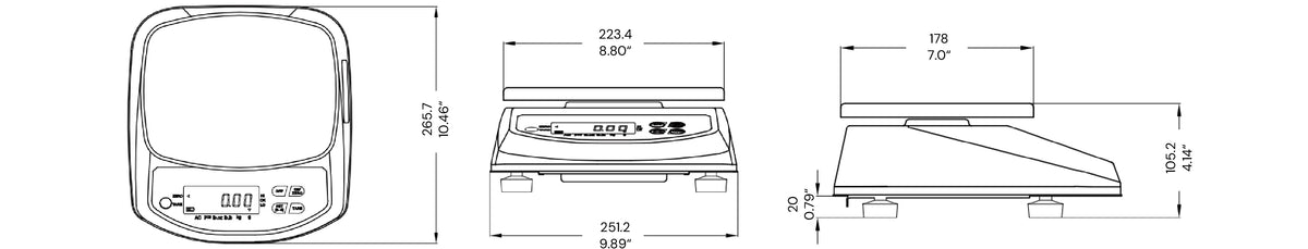 EH-DWS Waterproof Scale Dimensions - 251.2x265.7x105.2mm / 9.89"x10.46"x4.14"