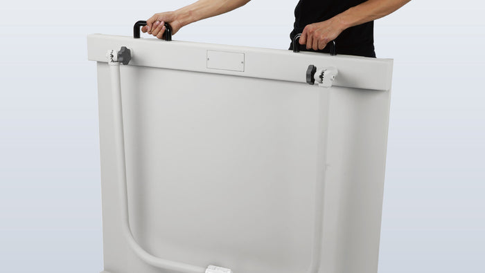 EH-FH wheelchair scale with integrated nylon handles, transport wheels, and foldable handle for easy mobility in healthcare facilities