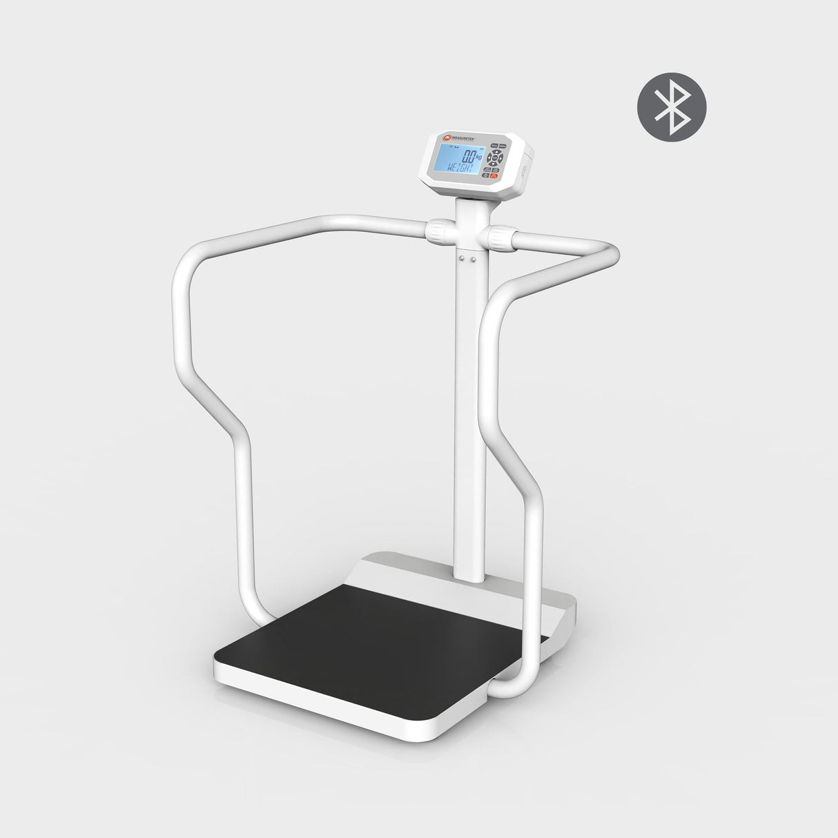Wireless handrail scale with anchored steel handrails to prevent falls and ensure stability