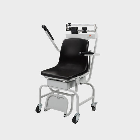 Medical chair scale with swing-up armrests and fold-up footrest for easy patient access