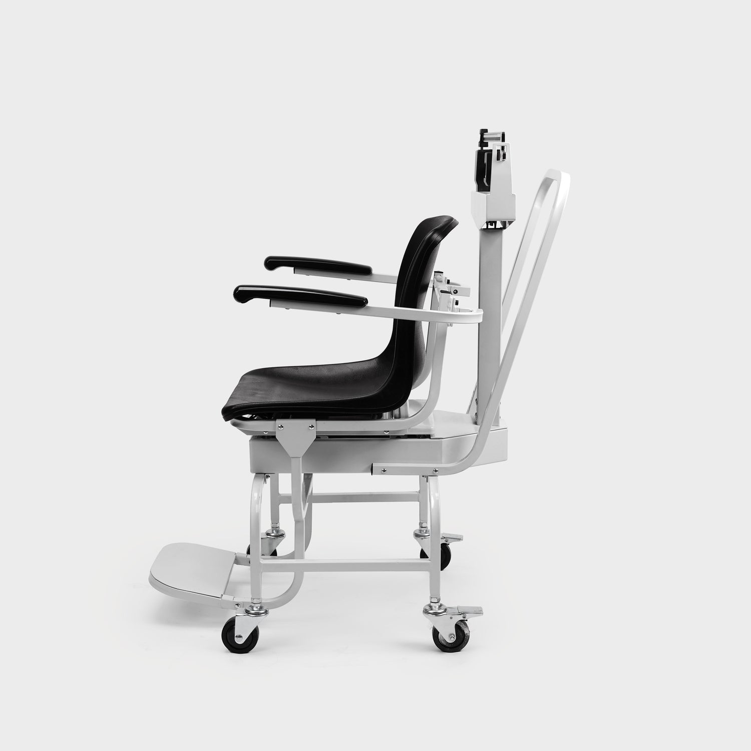 Durable 440lb capacity rehab scale with lockable rear wheels for patient safety