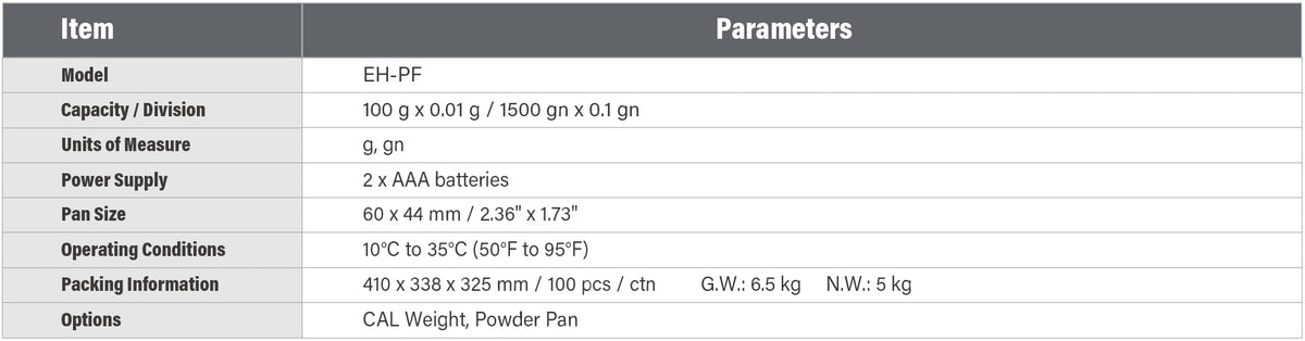 EH-PF Touch Screen Jewelry Scale-Specifications
