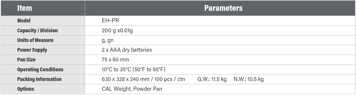 EH-PR Jewelry & Lab Scale-Specifications
