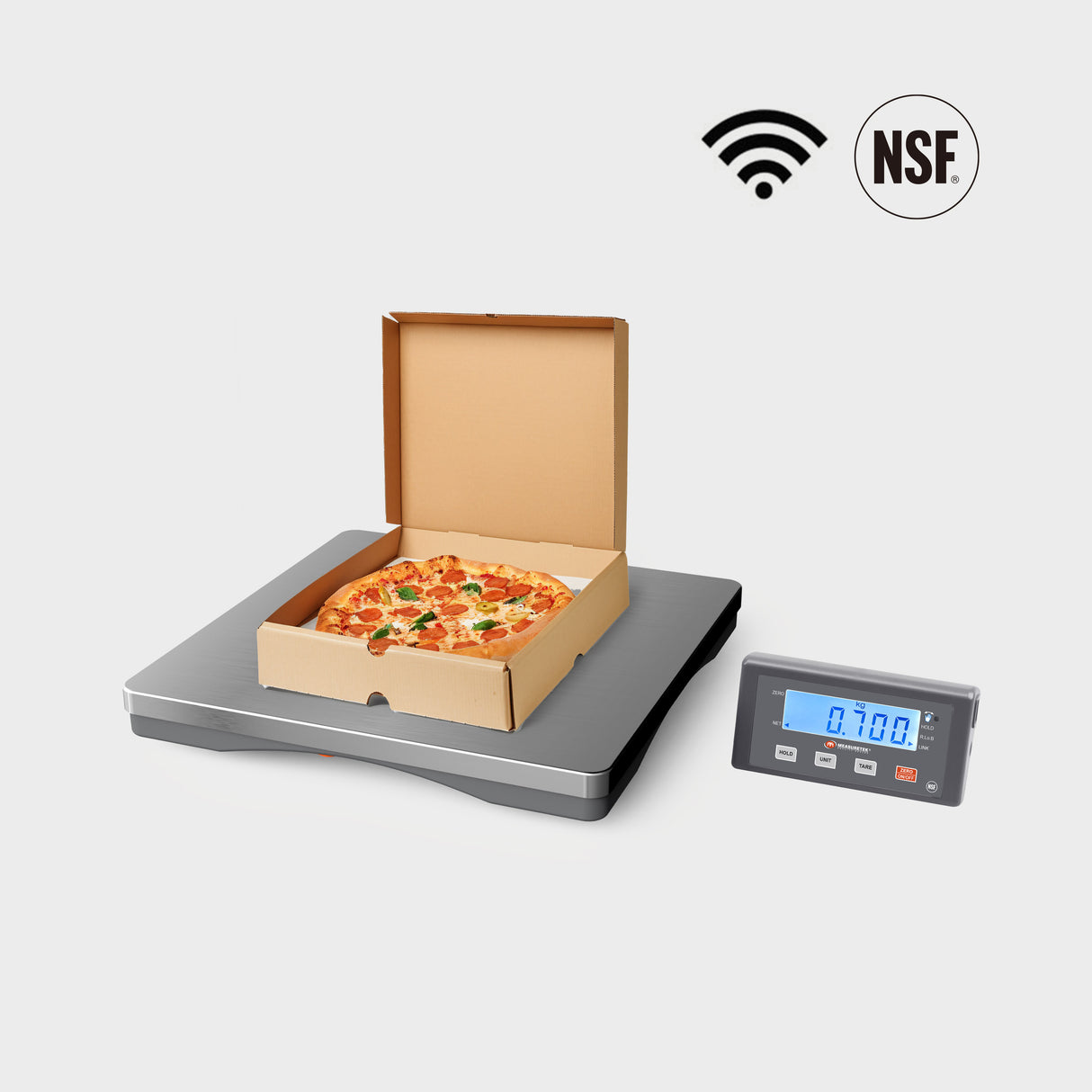 EH-PZ Wireless Pizza Scale on stainless steel platform in a commercial kitchen