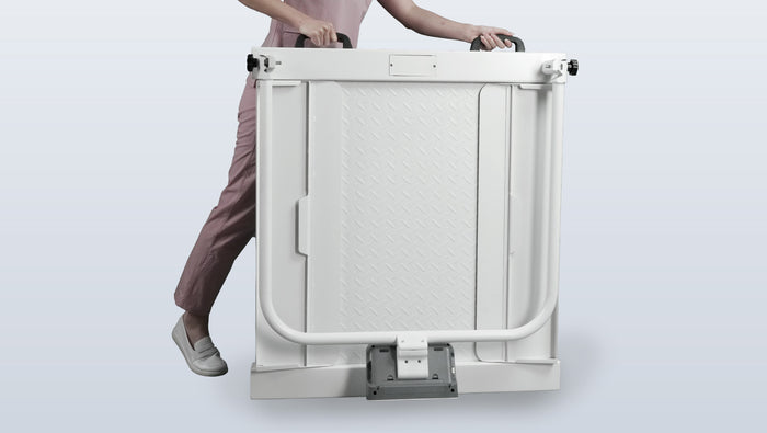 Foldable wheelchair scale handrail with slope protection for safe patient transfers