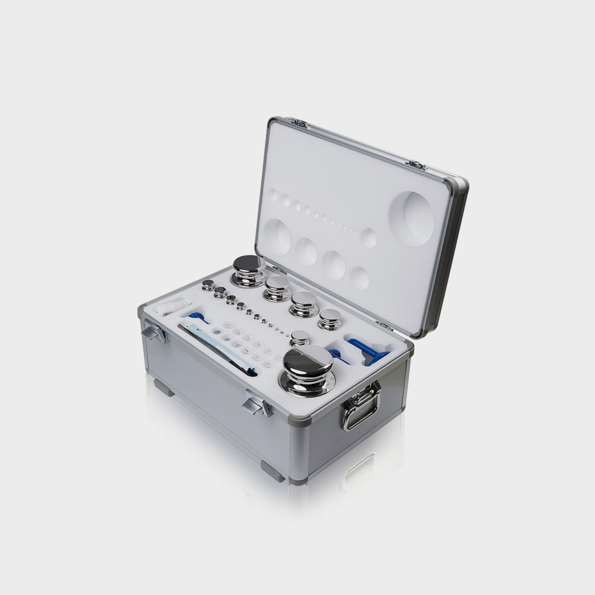 OIML certified stainless steel weight set in aluminum box with tweezers