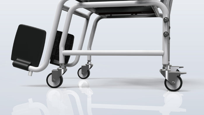 EH-HCS chair scale with four large silent casters and rear brakes for secure patient transport