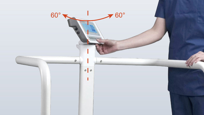 Rotatable 120° indicator on EH-HD handrail scale for easy viewing by nursing staff