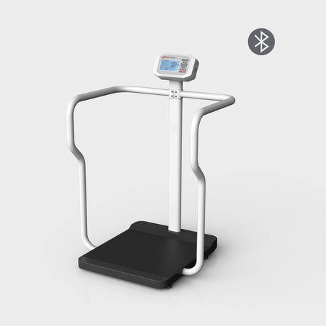 Wireless handrail scale with anchored steel handrails to prevent falls and ensure stability