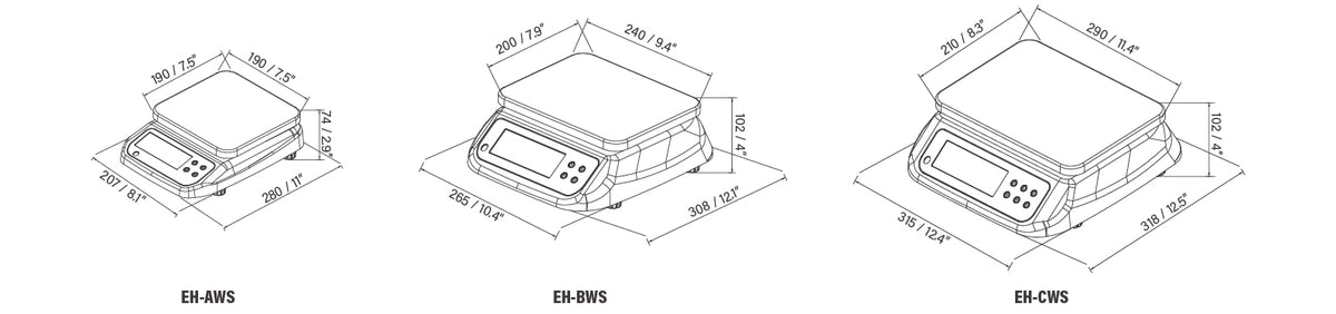EH-WS Waterproof Scale Series Dimensions - Length / width / height / platter size